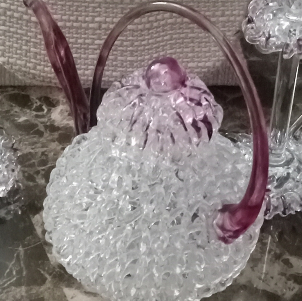 Set Of 3 Hand spun glass coffee pot w a purple accent with two candlesticks